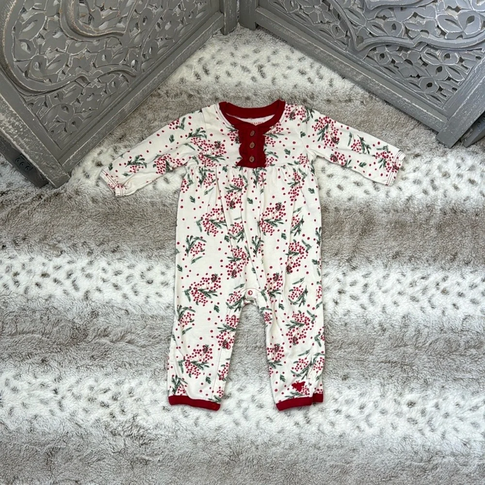 Burt’s Bees Baby floral Holly Christmas jumpsuit girls 3-6 months holiday party